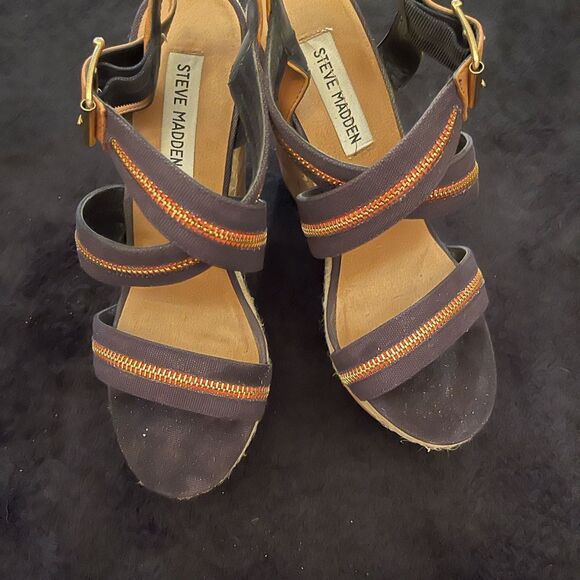 Steve Madden Daybreak blue multi espadrilles strappy high wedges cork, size 8 - Picture 4 of 10